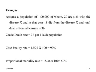 Example:
Assume a population of 1,00,000 of whom, 20 are sick with the
disease X and in that year 18 die from the disease X and total
deaths from all causes is 36.
Crude Death rate = 36 per 1 lakh population
Case fatality rate = 18/20 X 100 = 90%
Proportional mortality rate = 18/36 x 100= 50%
5/20/2016 18
 