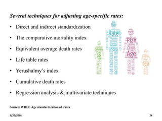 Several techniques for adjusting age-specific rates:
• Direct and indirect standardization
• The comparative mortality index
• Equivalent average death rates
• Life table rates
• Yerushalmy’s index
• Cumulative death rates
• Regression analysis & multivariate techniques
Source: WHO: Age standardization of rates
5/20/2016 26
 