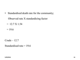 • Standardised death rate for the community;
Observed rate X standardizing factor
= 12.7 X 1.54
= 19.6
Crude – 12.7
Standardised rate = 19.6
5/20/2016 61
 