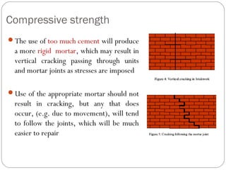 Compressive strength
The use of too much cement will produce

a more rigid mortar, which may result in
vertical cracking passing through units
and mortar joints as stresses are imposed
Use of the appropriate mortar should not

result in cracking, but any that does
occur, (e.g. due to movement), will tend
to follow the joints, which will be much
easier to repair

 