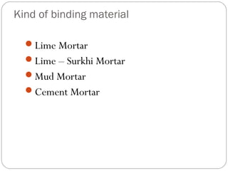 Kind of binding material
Lime Mortar
Lime – Surkhi Mortar
Mud Mortar
Cement Mortar

 