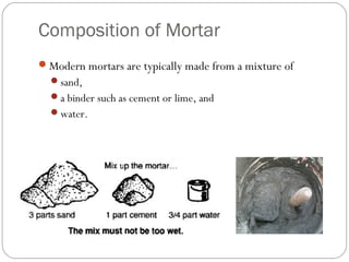 Composition of Mortar
Modern mortars are typically made from a mixture of 
sand,
a binder such as cement or lime, and
water.

 