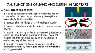 7.4. FUNCTIONS OF SAND AND SURKHI IN MORTARS
7.4.1. Functions of sand.
• It is used as an adulterant just to make the mortar
economical. It does not provide any strength and
hydraulicity to the mortar.
• It reduces the shrinkage of the binding material.
• It prevents development of cracks in the mortar on
drying.
• It helps in hardening of fat lime by making it porous. It
allows carbon dioxide, present in the air, to reach
insider the mortar mass easily and thus helps in
earlier setting of the mortar.
• It helps in making mortars and concretes of any
desired strength by varying its proportion with the
binding material.
 