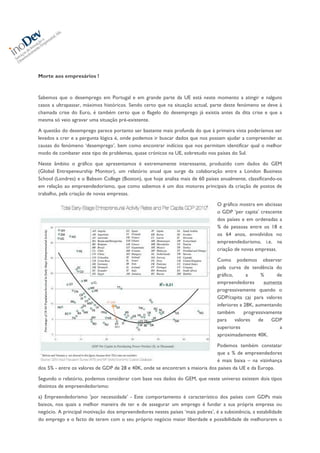  
	
  
Morte aos empresários !
Sabemos que o desemprego em Portugal e em grande parte da UE está neste momento a atingir e nalguns
casos a ultrapassar, máximos históricos. Sendo certo que na situação actual, parte deste fenómeno se deve à
chamada crise do Euro, é também certo que o flagelo do desemprego já existia antes da dita crise e que a
mesma só veio agravar uma situação pré-existente.
A questão do desemprego parece portanto ser bastante mais profunda do que à primeira vista poderíamos ser
levados a crer e a pergunta lógica é, onde podemos ir buscar dados que nos possam ajudar a compreender as
causas do fenómeno ‘desemprego’, bem como encontrar indícios que nos permitam identificar qual o melhor
modo de combater este tipo de problemas, quase crónicos na UE, sobretudo nos países do Sul.
Neste âmbito o gráfico que apresentamos é extremamente interessante, produzido com dados do GEM
(Global Entrepeneurship Monitor), um relatório anual que surge da colaboração entre a London Business
School (Londres) e o Babson College (Boston), que hoje analisa mais de 60 países anualmente, classificando-os
em relação ao empreendedorismo, que como sabemos é um dos motores principais da criação de postos de
trabalho, pela criação de novas empresas.
O gráfico mostra em abcissas
o GDP ‘per capita’ crescente
dos países e em ordenadas a
% de pessoas entre os 18 e
os 64 anos, envolvidos no
empreendedorismo, i.e. na
criação de novas empresas.
Como podemos observar
pela curva de tendência do
gráfico, a % de
empreendedores aumenta
progressivamente quando o
GDP/capita cai para valores
inferiores a 28K, aumentando
também progressivamente
para valores de GDP
superiores a
aproximadamente 40K.
Podemos também constatar
que a % de empreendedores
é mais baixa – na vizinhança
dos 5% - entre os valores de GDP de 28 e 40K, onde se encontram a maioria dos países da UE e da Europa.
Segundo o relatório, podemos considerar com base nos dados do GEM, que neste universo existem dois tipos
distintos de empreendedorismo:
a) Empreendedorismo 'por necessidade' - Este comportamento é característico dos países com GDPs mais
baixos, nos quais a melhor maneira de ter e de assegurar um emprego é fundar a sua própria empresa ou
negócio. A principal motivação dos empreendedores nestes países ‘mais pobres’, é a subsistência, a estabilidade
do emprego e o facto de terem com o seu próprio negócio maior liberdade e possibilidade de melhorarem o
 