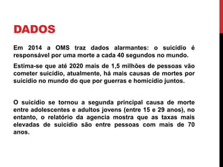 DADOS
Em 2014 a OMS traz dados alarmantes: o suicídio é
responsável por uma morte a cada 40 segundos no mundo.
Estima-se que até 2020 mais de 1,5 milhões de pessoas vão
cometer suicídio, atualmente, há mais causas de mortes por
suicídio no mundo do que por guerras e homicídio juntos.
O suicídio se tornou a segunda principal causa de morte
entre adolescentes e adultos jovens (entre 15 e 29 anos), no
entanto, o relatório da agencia mostra que as taxas mais
elevadas de suicídio são entre pessoas com mais de 70
anos.
 