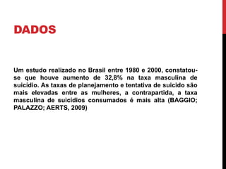 DADOS
Um estudo realizado no Brasil entre 1980 e 2000, constatou-
se que houve aumento de 32,8% na taxa masculina de
suicídio. As taxas de planejamento e tentativa de suicido são
mais elevadas entre as mulheres, a contrapartida, a taxa
masculina de suicídios consumados é mais alta (BAGGIO;
PALAZZO; AERTS, 2009)
 