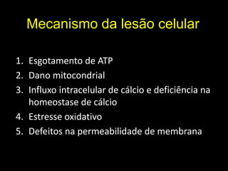 Mecanismo da lesão celular
1. Esgotamento de ATP
2. Dano mitocondrial
3. Influxo intracelular de cálcio e deficiência na
homeostase de cálcio
4. Estresse oxidativo
5. Defeitos na permeabilidade de membrana

 