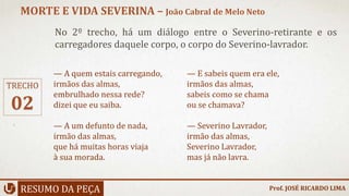 No 2º trecho, há um diálogo entre o Severino-retirante e os
carregadores daquele corpo, o corpo do Severino-lavrador.
RESUMO DA PEÇA
MORTE E VIDA SEVERINA – João Cabral de Melo Neto
Prof. JOSÉ RICARDO LIMA
TRECHO
02
— A quem estais carregando,
irmãos das almas,
embrulhado nessa rede?
dizei que eu saiba.
— A um defunto de nada,
irmão das almas,
que há muitas horas viaja
à sua morada.
— E sabeis quem era ele,
irmãos das almas,
sabeis como se chama
ou se chamava?
— Severino Lavrador,
irmão das almas,
Severino Lavrador,
mas já não lavra.
 