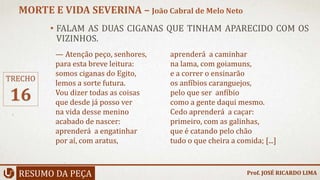 • FALAM AS DUAS CIGANAS QUE TINHAM APARECIDO COM OS
VIZINHOS.
RESUMO DA PEÇA
MORTE E VIDA SEVERINA – João Cabral de Melo Neto
Prof. JOSÉ RICARDO LIMA
TRECHO
16
— Atenção peço, senhores,
para esta breve leitura:
somos ciganas do Egito,
lemos a sorte futura.
Vou dizer todas as coisas
que desde já posso ver
na vida desse menino
acabado de nascer:
aprenderá a engatinhar
por aí, com aratus,
aprenderá a caminhar
na lama, com goiamuns,
e a correr o ensinarão
os anfíbios caranguejos,
pelo que ser anfíbio
como a gente daqui mesmo.
Cedo aprenderá a caçar:
primeiro, com as galinhas,
que é catando pelo chão
tudo o que cheira a comida; [...]
 