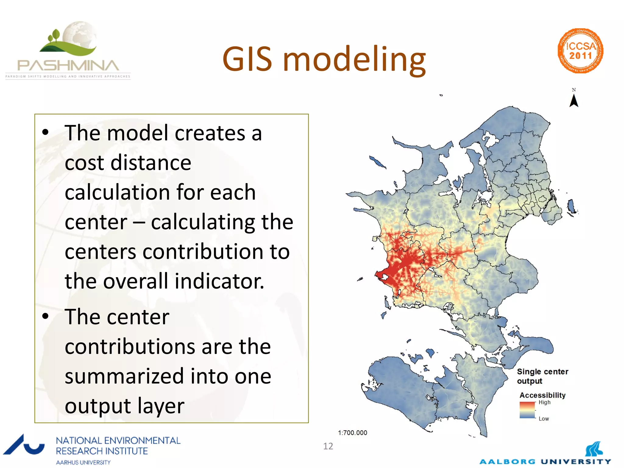 GIS modeling The model creates a cost distance calculation for each center – calculating the centers contribution to the overall indicator. The center contributions are the summarized into one output layer 