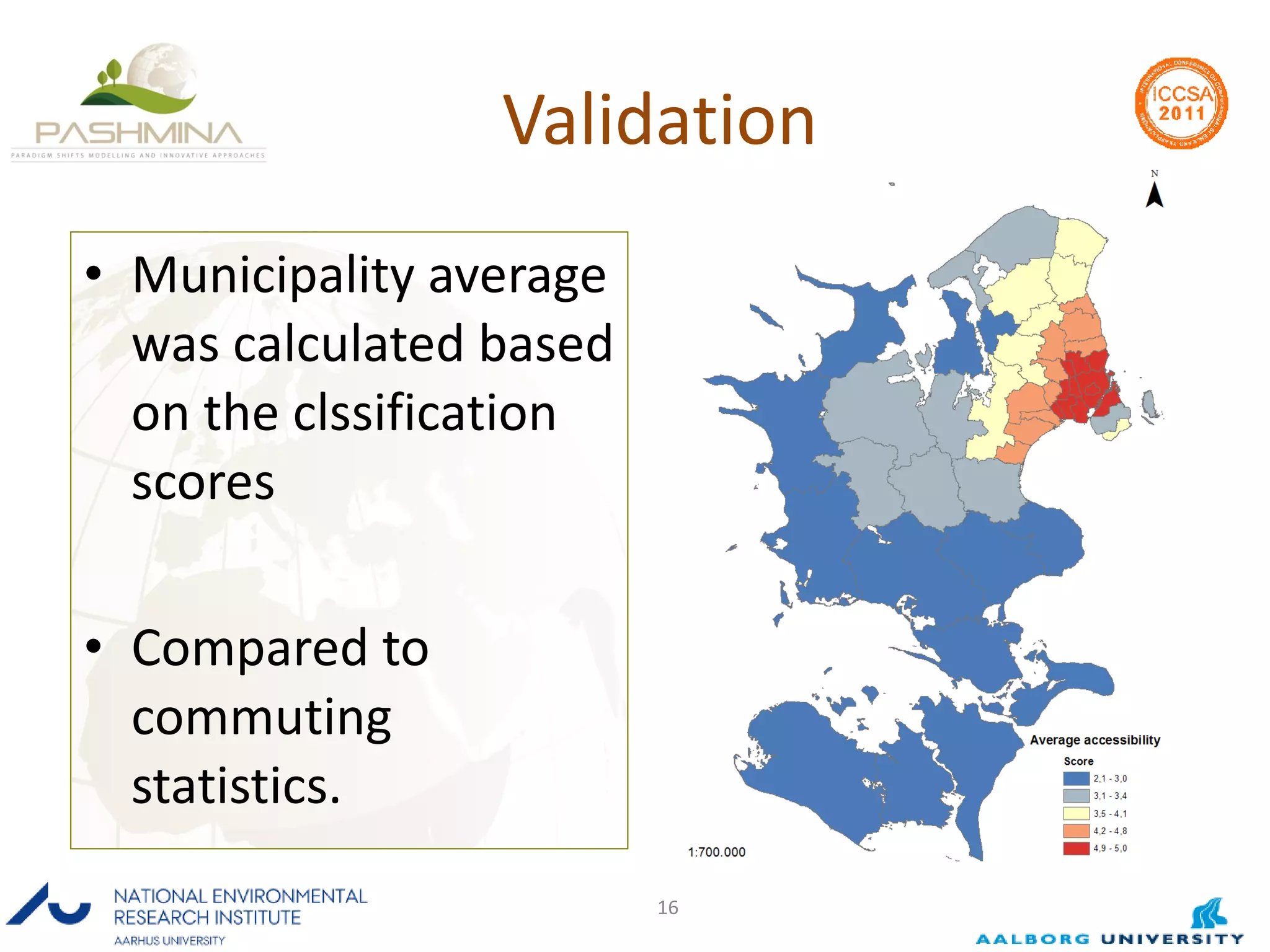 Validation Municipality average was calculated based on the clssification scores Compared to commuting statistics. 