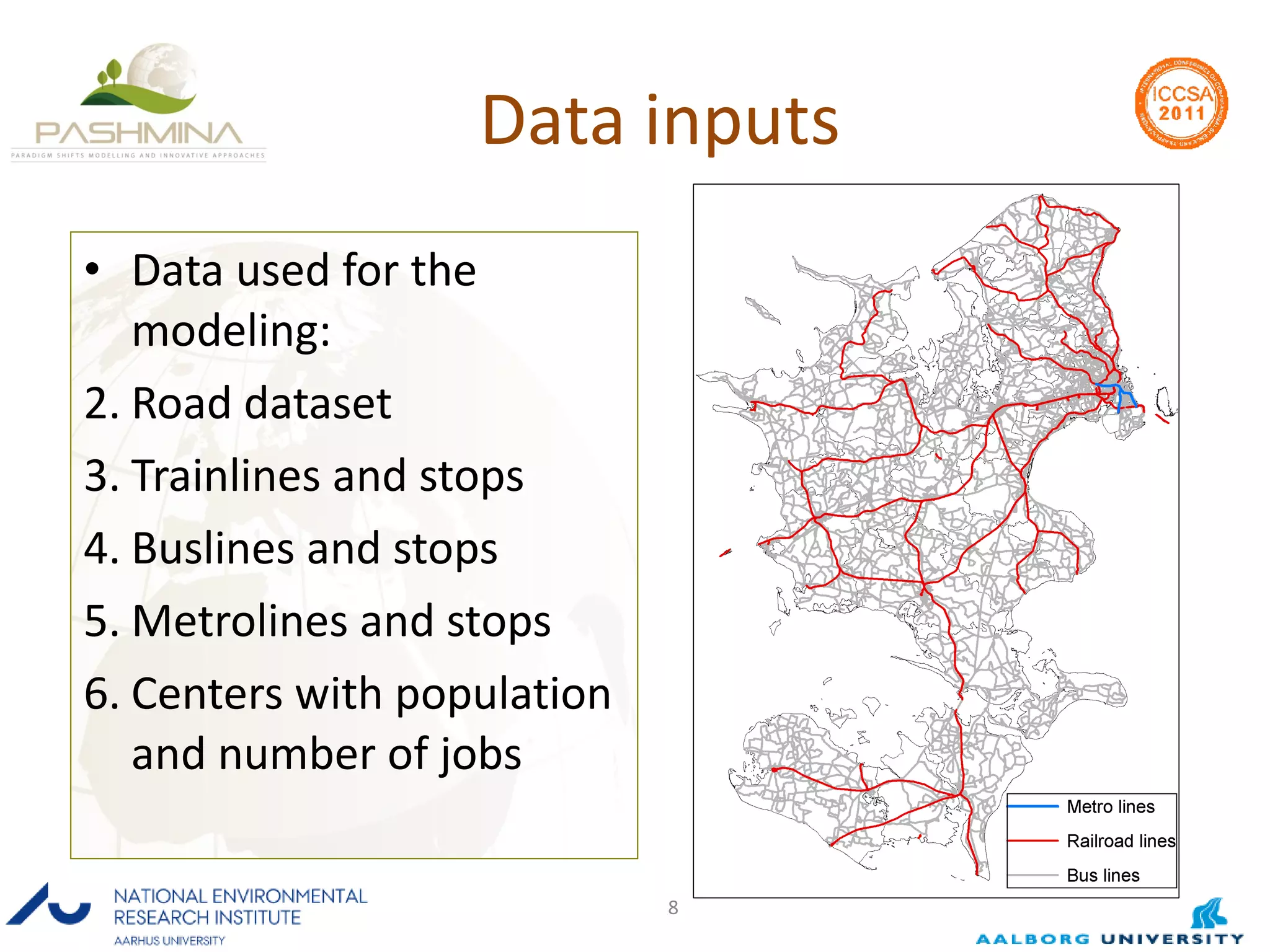 Data inputs Data used for the modeling: Road dataset  Trainlines and stops Buslines and stops Metrolines and stops Centers with population and number of jobs 