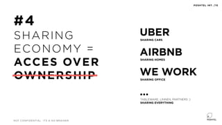 UBER
SHARING CARS
#4
SHARING
ECONOMY =
ACCES OVER
OWNERSHIP
NOT CONFIDENTIAL ITS A NO BRAINER
AIRBNBSHARING HOMES
WE WORK
SHARING OFFICE
POSHTEL INT. /15
…TABLEWARE, LINNEN, PARTNERS :)  
SHARING EVERYTHING
 