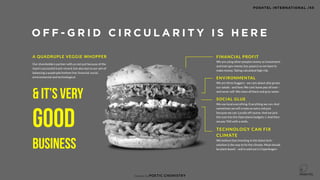 Concept by POETIC CHEMISTRY
O F F - G R I D C I R C U L A R I T Y I S H E R E
FINANCIAL PROFIT 
We are using other peoples money as investment -
and even gov money (tax payers) so we have to
make money. Taking calculated high risk.
ENVIRONMENTAL 
We are three huggers - we care about who grows
our salads - and how. We cant leave poo all over -
and never will. We clean all black and grey water.
SOCIAL GLUE 
We use local everything. Everything we can. And
sometimes we will create an extra Job just
because we can. Locally off course. And we jack
the cost into the Operations budgets :). And then
we pay TAX with a smile.
TECHNOLOGY CAN FIX
CLIMATE 
We believe that investing in the latest tech-
solution is the way to ﬁx the climate. Meat should
be plant based - and is sold out in Copenhagen.
A QUADRUPLE VEGGIE WHOPPER
Our shareholders partner with us not just because of the
team's successful track-record, but also due to our aim of
balancing a quadruple bottom line; ﬁnancial, social,
environmental and technological. 
& It’s very
good
business
POSHTEL INTERNATIONAL /45
 