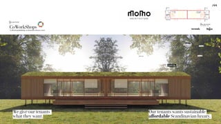 /05
COMPANY
A
by
MOMO ARKITEKTURE
for
A
Price Example incl. CoLive. Community
(6m2 bathroom + Kitchen + Livingroom )
80m2
= 20m2
+ 60m2
Bungalow
Monthly
lease dkk
8.850
Glass
Orangeri
Entrance
+780 per month
Office 01
Office 02Bathroom
Office 03 Kitchen 01 Dialogue Island
CoWorkShops
CoWorking Buildings on demand without a trace
A
Office
02
Bathroom
Dialogue
Island
Office
03
Office
01
Kitchen
01
by
MOMO ARKITEKTURE
for Poshtel Int.
We give our tenants
what they want.
Our tenants wants sustainable
affordable Scandinavian luxury.
 