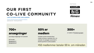 /30
PARTNERS
450 medlemmer betaler 69 kr. om måneden
OUR FIRST
CO-LIVE COMMUNITY
LINK TO SIGNUP PAGE +600 SIGNUPS
https://www.almenr.dk/ellevilledata 
password: meresammen
 