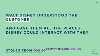 WALT DISNEY UNDERSTOOD THE
CUSTOMER
AND GAVE THEM ALL THE PLACES
DISNEY COULD INTERACT WITH THEM
NOTTHING IS STRANGE WHEN YOU WORK FOR A CIRCUS
/44
STOLEN FROM OMINOFLIMSY IMAGINEERING
 