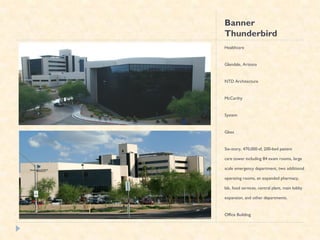 Banner
Thunderbird
Healthcare


Glendale, Arizona


NTD Architecture


McCarthy


System


Glass


Six-story, 470,000-sf, 200-bed patient

care tower including 84 exam rooms, large

scale emergency department, two additional

operating rooms, an expanded pharmacy,

lab, food services, central plant, main lobby

expansion, and other departments.


Office Building
 