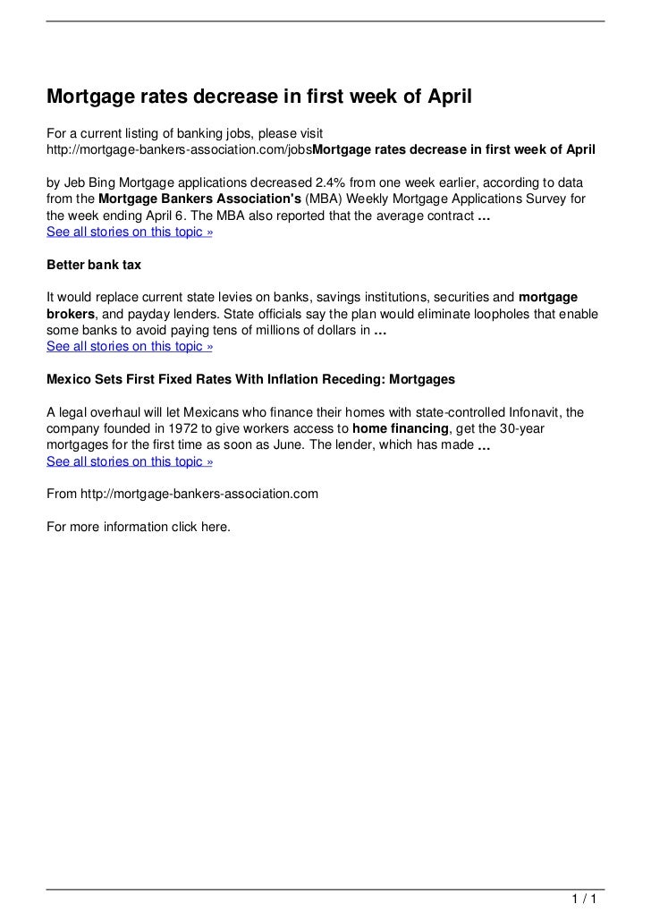 Mortgage Rates Decrease In First Week Of April