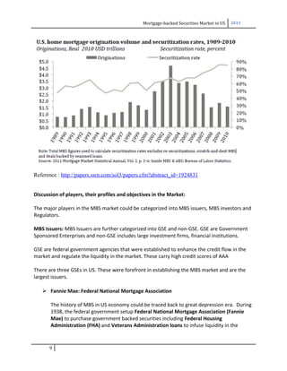 Mortgage-backed Securities Market in US 2013
Reference : http://papers.ssrn.com/sol3/papers.cfm?abstract_id=1924831
Discussion of players, their profiles and objectives in the Market:
The major players in the MBS market could be categorized into MBS issuers, MBS investors and
Regulators.
MBS Issuers: MBS Issuers are further categorized into GSE and non-GSE. GSE are Government
Sponsored Enterprises and non-GSE includes large investment firms, financial institutions.
GSE are federal government agencies that were established to enhance the credit flow in the
market and regulate the liquidity in the market. These carry high credit scores of AAA
There are three GSEs in US. These were forefront in establishing the MBS market and are the
largest issuers.
 Fannie Mae: Federal National Mortgage Association
The history of MBS in US economy could be traced back to great depression era. During
1938, the federal government setup Federal National Mortgage Association (Fannie
Mae) to purchase government backed securities including Federal Housing
Administration (FHA) and Veterans Administration loans to infuse liquidity in the
9
 
