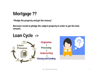 Mortgage ??
“Pledge the property and get the money”
Borrower needs to pledge the subject property in order to get the loan
amount.
Loan Cycle ->
Origination
|
Processing
|
Underwriting
|
Closing and funding
By - Ashish Kumar Sahu 1
 
