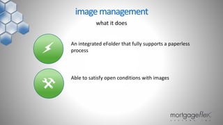 An integrated eFolder that fully supports a paperless
process
Able to satisfy open conditions with images
imagemanagement
what it does
 