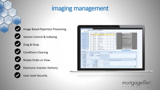 Image Based Paperless Processing
Version Control & Indexing
Drag & Drop
Conditions Clearing
Rotate Order or View
Electronic Investor Delivery
User Level Security
imaging management
 