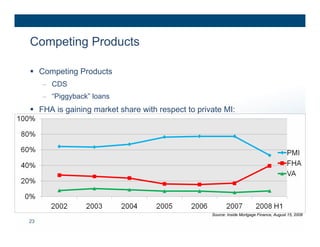 Competing Products

 Competing Products
     – CDS
     – “Piggyback” loans

 FHA is gaining market share with respect to private MI:




                                                  Source: Inside Mortgage Finance, August 15, 2008
23
 