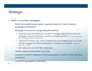 Strategic

 Shifts in business strategies:
     – Short term-capital preservation, expense reduction, back to basics,
       geographic contraction
     – Mortgage insurers are reorganizing themselves
        •   “Genworth said it's examining a number of strategic alternatives for the U.S.
            mortgage insurance business, including a possible spinoff” (Barr. “Genworth Says it may
            Spin Off Mortgage Insurance Unit,” Marketwatch)

        •   “Genworth’s foreign units, which analysts see as the likeliest to go up for sale,
            include mortgage-insurance businesses in Canada and Australia.” (Wall Street
            Journal, Nov. 12 2008)

        •   AIG selling non-core US P&C companies
     – Lender captive reinsurance structures
     – Long term-product expansion (financial guaranty, student loans, payment
       protection)
     – Long term-geographic expansion
24
 
