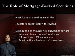 The Role of Mortgage-Backed Securities Most loans are sold as securities Investors accept risk with reward Delinquencies mount; risk outweighs reward Keep your loans – we don’t want them! If I take them – I’ll pay you less! American Home & others can’t cover losses Mortgage Market Meltdown 