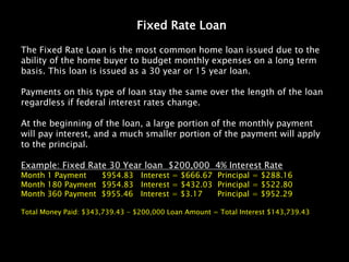 Fixed Rate Loan

The Fixed Rate Loan is the most common home loan issued due to the
ability of the home buyer to budget monthly expenses on a long term
basis. This loan is issued as a 30 year or 15 year loan.

Payments on this type of loan stay the same over the length of the loan
regardless if federal interest rates change.

At the beginning of the loan, a large portion of the monthly payment
will pay interest, and a much smaller portion of the payment will apply
to the principal.

Example: Fixed Rate 30 Year loan $200,000 4% Interest Rate
Month 1 Payment   $954.83 Interest = $666.67 Principal = $288.16
Month 180 Payment $954.83 Interest = $432.03 Principal = $522.80
Month 360 Payment $955.46 Interest = $3.17   Principal = $952.29

Total Money Paid: $343,739.43 - $200,000 Loan Amount = Total Interest $143,739.43
 