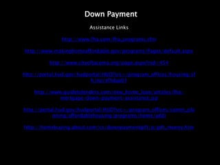 Down Payment
                         Assistance Links

               http://www.fha.com/fha_programs.cfm

http://www.makinghomeaffordable.gov/programs/Pages/default.aspx

          http://www.cityoftacoma.org/page.aspx?nid=454

http://portal.hud.gov/hudportal/HUD?src=/program_offices/housing/sf
                           h/np/sfhdap01

    http://www.guidetolenders.com/new_home_loan/articles/fha-
              mortgage-down-payment-assistance.jsp

http://portal.hud.gov/hudportal/HUD?src=/program_offices/comm_pla
            nning/affordablehousing/programs/home/addi

http://homebuying.about.com/cs/downpaymentgift/p/gift_money.htm
 