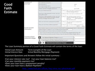 Good
Faith
Estimate




The Loan Summary portion of a Good Faith Estimate will contain the terms of the loan:
•Initial Loan Amount      Term (Length) of the Loan
•Initial Interest Rate    Initial Monthly Mortgage (Payment)
Important Questions and Answers follow the initial summary :
•Can your interest rate rise? Can your loan balance rise?
•Can your monthly payment rise?
•Does your loan have a prepayment penalty?
•Does your loan have a Balloon Payment?
                     http://www.hud.gov/offices/hsg/rmra/res/gfestimate.pdf
 