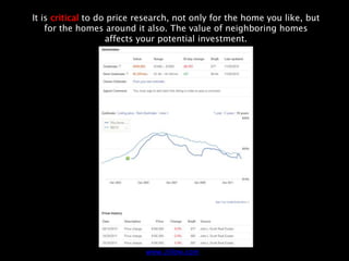 It is critical to do price research, not only for the home you like, but
    for the homes around it also. The value of neighboring homes
                    affects your potential investment.




                            www.zillow.com
 