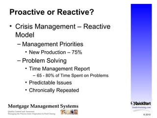 Proactive or Reactive? Crisis Management – Reactive Model Management Priorities New Production – 75% Problem Solving  Time Management Report 65 - 80% of Time Spent on Problems Predictable Issues Chronically Repeated 