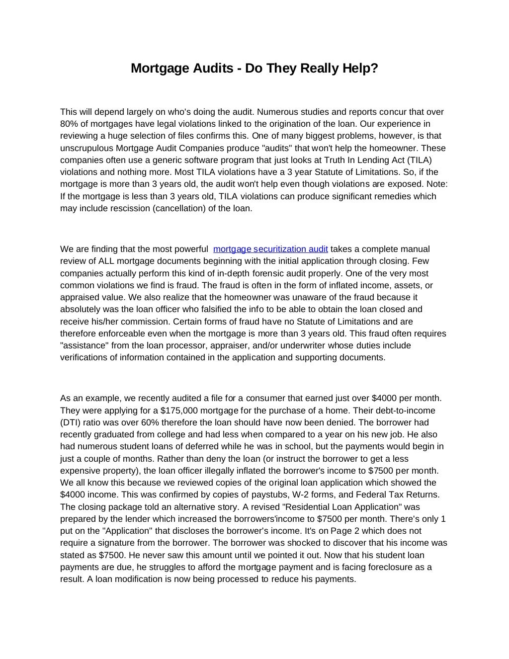 Mortgage securitization audit