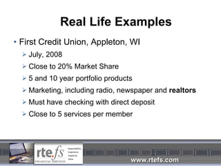 Real Life Examples First Credit Union, Appleton, WI July, 2008 Close to 20% Market Share 5 and 10 year portfolio products Marketing, including radio, newspaper and  realtors Must have checking with direct deposit Close to 5 services per member 