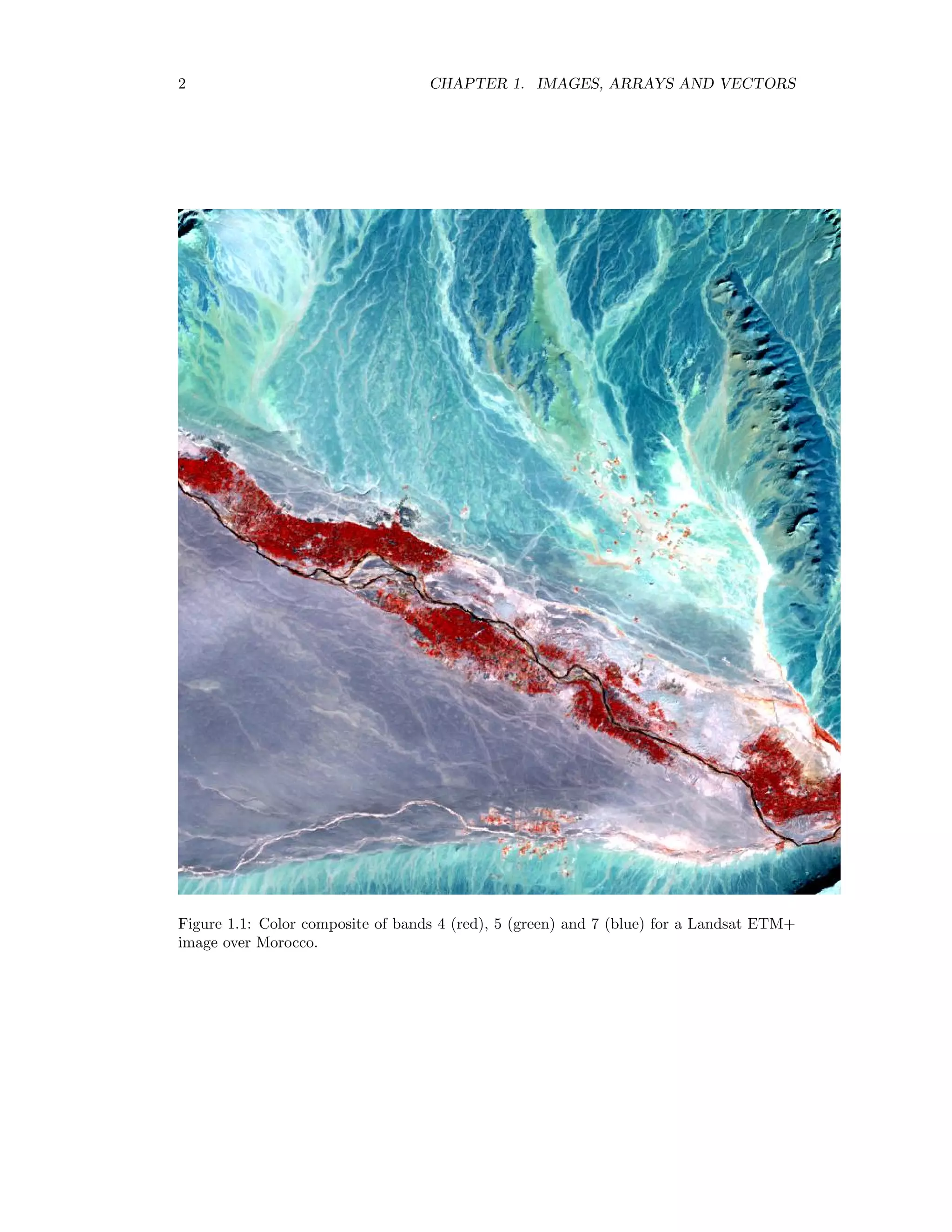 2 CHAPTER 1. IMAGES, ARRAYS AND VECTORS Figure 1.1: Color composite of bands 4 (red), 5 (green) and 7 (blue) for a Landsat ETM+ image over Morocco. 
