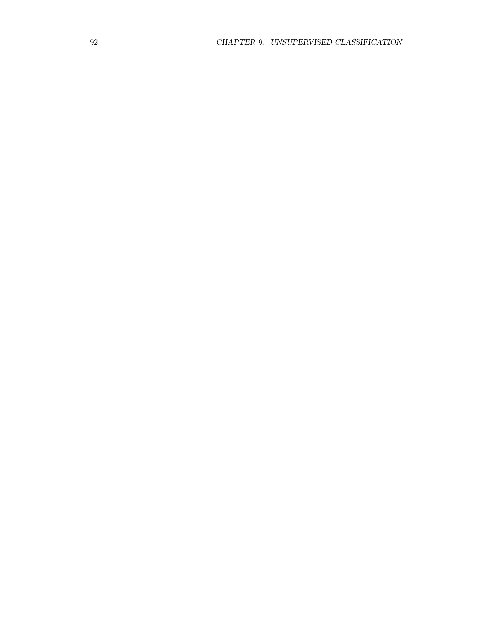 9.3. EM CLUSTERING 85 from which we have uki = q−1 λ q q−1 1 (xi − mk) (xi − mk) . (9.26) The Lagrange multiplier λ is determined by 1 = K k=1 uki = q−1 λ q K k=1 q−1 1 (xi − mk) (xi − mk) , Substituting this into (9.26), we obtain ﬁnally uki = q−1 1 (xi−mk) (xi−mk) K k =1 q−1 1 (xi−mk ) (xi−mk ) , k = 1 . . . K, i = 1 . . . n. (9.27) The parameter q determines the “degree of fuzziness” and is usually chosen as q = 2. The fuzzy K-means (FKM) algorithm consists of a simple iteration of equations (9.23) and (9.27). The algorithm terminates when the cluster centers mk – or alternatively when the matrix elements uki – cease to change signiﬁcantly. This algorithm should gives similar results to the K-means algorithm, but one expects it to be less likely to become trapped in local minima of the cost function. An ENVI plug-in for fuzzy k-means clustering is given in Appendix D.6.2. 9.3 EM Clustering The EM (= expectation maximization) algorithm, (see e.g. [Bis95]) replaces uki in (9.27) by the posterior probability p(Ck | xi) of class Ck given the observation xi. That is, using Bayes’ theorem, uki → p(Ck | xi) ∼ p(xi | Ck)p(Ck). Here p(xi | Ck) is taken to be a multivariate normal distribution function with estimated mean mk and estimated covariance matrix Fk given by (9.9) and (9.10), respectively. Thus uki ∼ p(Ck) 1 |Fk| exp − 1 2 (xi − mk) F−1 k (xi − mk) . (9.28) One can use the current class membership to estimate P(Ck) as pk according to (9.15). The EM algorithm is then an iteration of equations (9.9), (9.10), (9.15) and (9.28) with the same termination condition as for the fuzzy K-means algorithm, see also Eqs. (8.12). After each iteration the columns of u are normalized according to (9.7). Because of the exponential distance dependence of the membership probabilities in (9.28), the algorithm is very sensitive to initialization conditions, and can even become unstable. To avoid this problem, one can ﬁrst obtain initial values for the mk and for u by preceding the calculation with the fuzzy K-means algorithm. Explicitly: Algorithm (EM clustering) 1. Determine starting values for cluster centers mk and initial memberships uki from the FKM algorithm. 