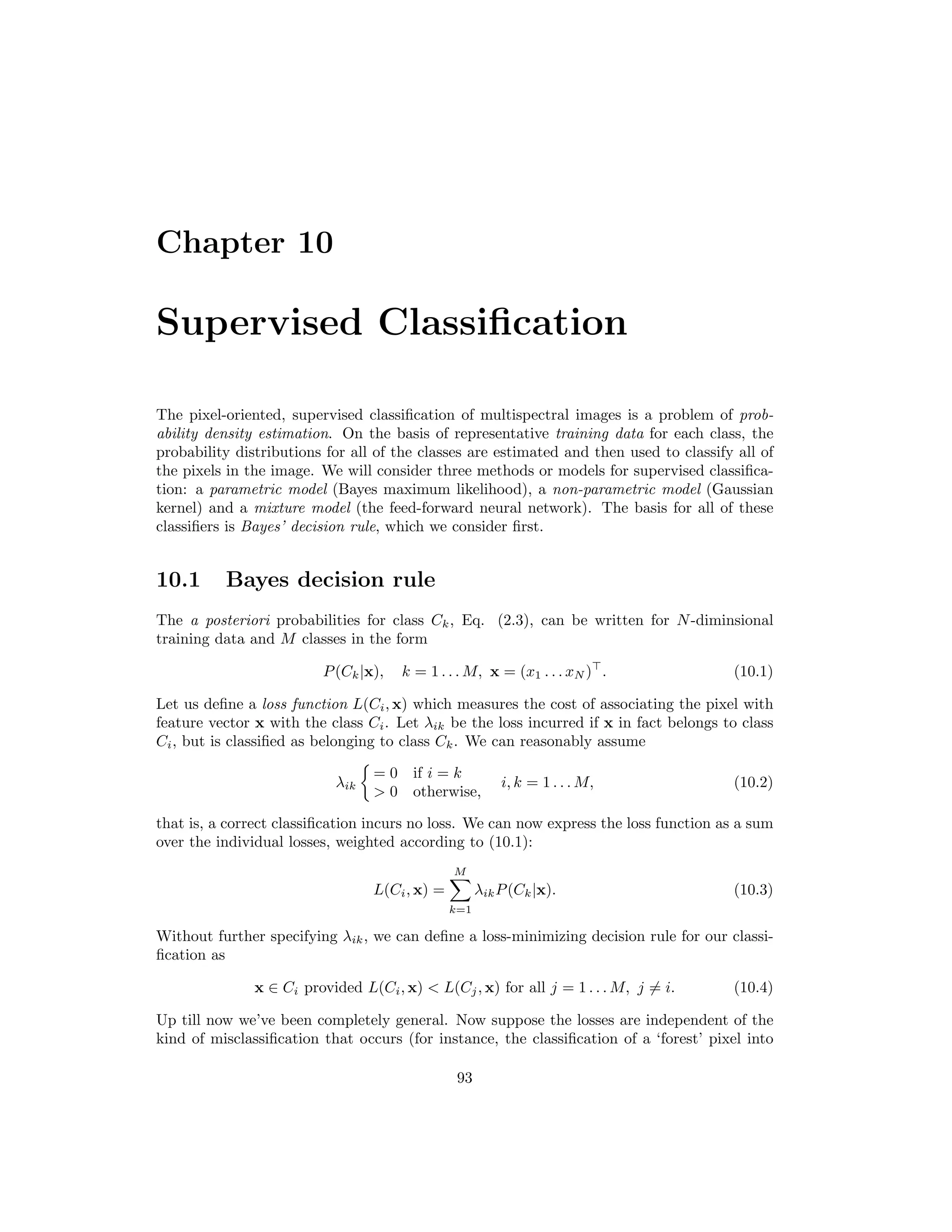86 CHAPTER 9. UNSUPERVISED CLASSIFICATION 2. Determine the cluster centers mk with (9.9) and the prior probabilities P(Ck) with (9.15). 3. Calculate the weighted covariance matrices Fk with (9.10) and with (9.28) the class membership probabilities uki. Normalize the columns of u. 4. If u has not changed signiﬁcantly, stop, else go to 2. 9.3.1 Simulated annealing Even with initialization using the fuzzy K-means algorithm the EM algorithm may be trapped in a local optimum. An alternative scheme is to apply so-called simulated annealing. Essentially the initial memberships are random and only gradually are the calculated class memberships allowed to inﬂuence the estimation of the class centers [Hil01]. The rate of reduction of randomness is determined by a temperature parameter. For example, the class memberships in (9.28) may replaced by uki → uki(1 − r1/T ) on each iteration, where T is initialized to T0 and reduced at each iteration by a factor c 1: T → cT and where r ∈ (0, 1) is a uniformly distributed random number. As T approaches zero, uki will be determined more and more by the probability distribution parameters alone in (9.28). 9.3.2 Partition density Since the simple cost function E(C) of (9.12) is no longer relevant, we choose with [GG89] the partition density as a criterion for choosing the best number of clusters. The fuzzy hypervolume, deﬁned as FHV = K k=1 |Fk|, is proportional to the volume in feature space occupied by the ellipsoidal clusters generated by the algorithm. For instance, for a two dimensional cluster with an elliptical probability density we have, in its principal axis coordinate system, |Σ| = σ2 1 0 0 σ2 2 = σ1σ2 ≈ area (volume) of the ellipse. Summing the memberships of the observations within one standard deviation of each cluster center, S = n i=1 K k=1 uik, ∀i ∈ {i | (xi − mk) · F−1 k · (xi − mk) 1}, the partition density is deﬁned as PD = S/FHV. (9.29) Assuming that the data consist of ˜K well-separated clusters of approximately multivari- ate normally distributed pixels, the partition density should exhibit a maximum at K = ˜K. An ENVI plug-in for EM clustering is given in Appendix D.6.3. 