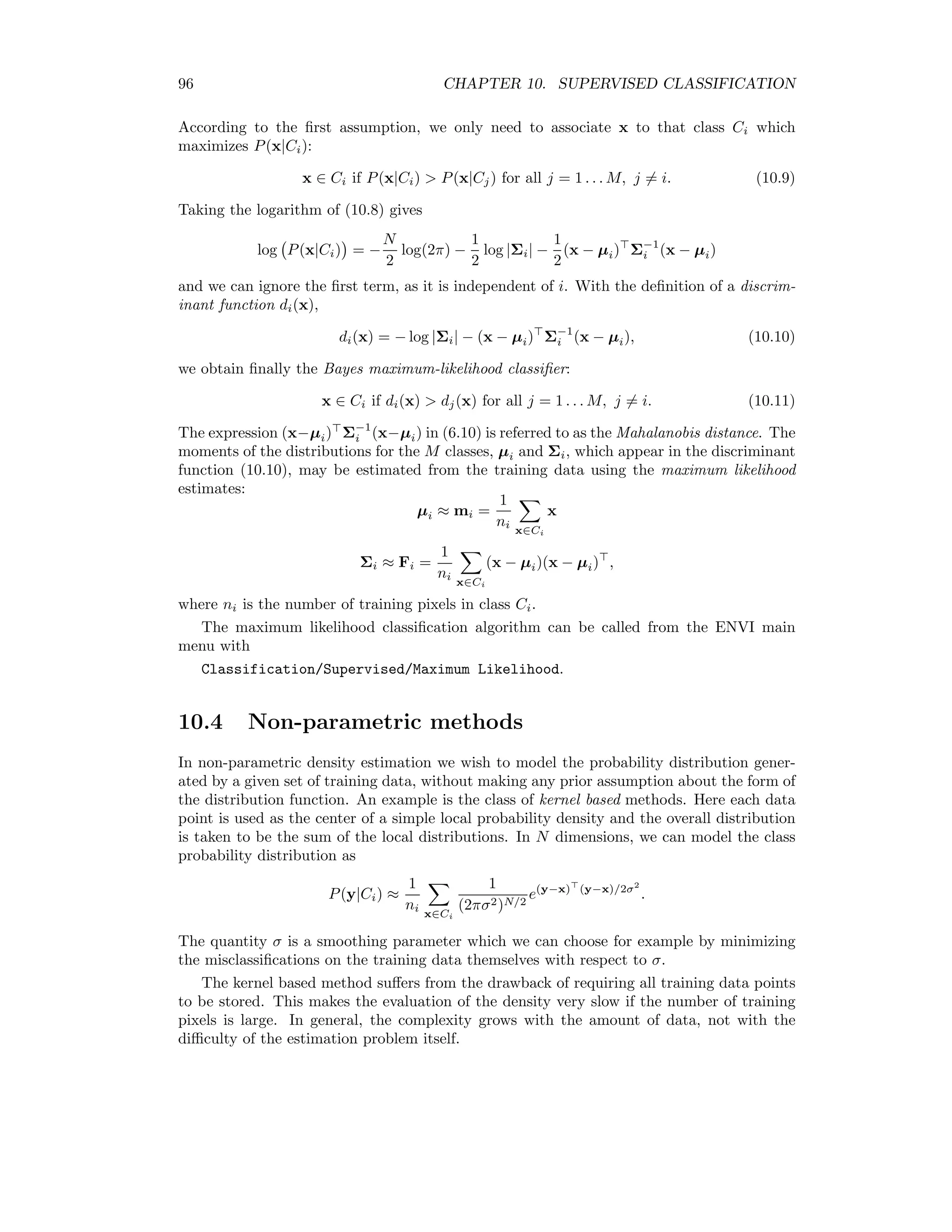 9.4. THE KOHONEN SELF ORGANIZING MAP 89 2. Determine the average neighborhood vector Pn of all pixels m and replace Pm with Pm according to (9.32). Re-classify pixel m according to the largest mem- bership probability in Pm. 3. If only a few re-classiﬁcations took place, stop otherwise go to step 2. The stopping condition in the algorithm is obviously rather arbitrary. Experience shows that the best results are obtained after 3–4 iterations, see [JRR99]. Too many iterations lead to a widening of the eﬀective neighborhood of a pixel to such an extent that fully irrelevant spatial information falsiﬁes the ﬁnal product. The PLR method can be applied similarly to class probabilities generated by supervised classiﬁcation algorithms. ENVI plug-ins for probabilistic label relaxation are given in Appendix D.6.4. 9.4 The Kohonen Self Organizing Map The Kohonen self organizing map, a simple example of which is sketched in Fig. 9.2 , belongs to a class of neural networks which are trained by competitive learning, [HKP91, Koh89]. The single layer of neurons can have any geometry, usually one- two- or three-dimensional. The input signal is represented by the vector x = (x1, x2 . . . xN ) . Each input to a neuron is associated with a synaptic weight, so that for M neurons, the synaptic weights can represented as a (M × N) matrix w =     w11 w12 · · · w1N w21 w22 · · · w2N ... ... ... ... wM1 wM2 · · · wMN     . The components of the vector wk = (wk1, wk2 . . . wkN ) are thus the synaptic weights of the kth neuron. We interpret the vectors {x(i)|i = 1 . . . p}. as training data for the neural network. The synaptic weight vectors are to be adjusted so as to reﬂect in some way the clustering of the training data in the N-dimensional feature space. When a training vector x is presented to the input of the network, the neuron whose weight vector wk lies nearest to x is designated to be the “winner”. Distances are given by (x − wk) (x − wk). Call the winner k∗ . Then its weight vector is shifted a small amount in the direction of the training vector: wk∗ (i + 1) = wk∗ (i) + η(x(i) − wk∗ (i)), where wk∗ (i + 1) is the weight vector after presentation of the ith training vector, see Fig. 9.3. The parameter η is called the learning rate of the network. 