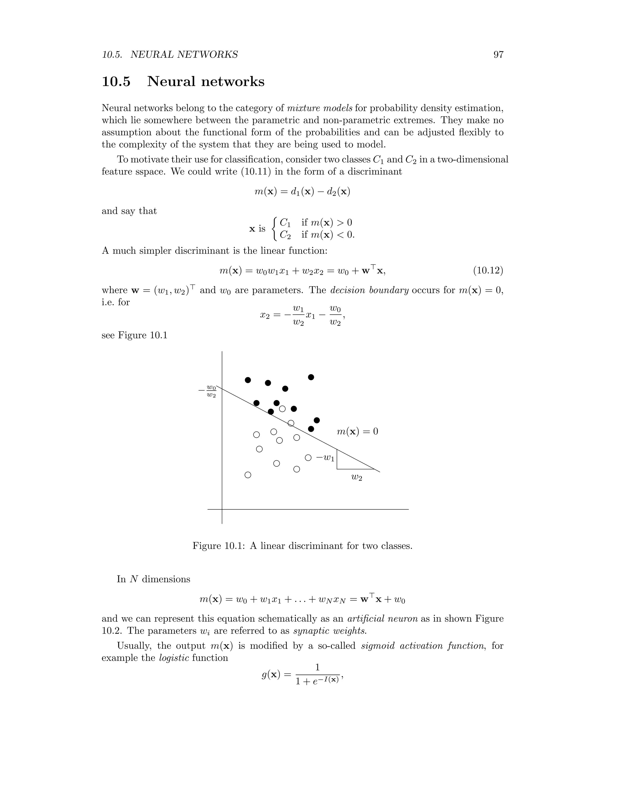 90 CHAPTER 9. UNSUPERVISED CLASSIFICATION y Qs u T T T x1 x2 4 0 w 1 2 3 k 16 k∗ Figure 9.2: The Kohonen feature map in two dimensions with a two-dimensional input. The intention is to repeat this learning procedure until the synaptic weight vectors reﬂect the class structure of the training data, thus achieving a vector quantization of the feature space. In order for this method to function, it is necessary to allow the learning rate to decrease gradually during the training process. A convenient function for this is η(i) = ηmax ηmin ηmax i/p . However the Kohonen feature map goes a step further and tries to map the topology of the feature space onto the network. This is achieved by deﬁning a neighborhood function for the winner neuron on the network of neurons. Usually a Gauss function of the form λ(k∗ , k) = exp(−d2 (k∗ , k)/2σ2 ) is used, where d2 (k∗ , k) is the square of the distance between neurons k∗ and k. For example, for a two-dimensional array of m × m neurons d2 (k∗ , k) =[(k∗ − 1) mod m − (k − 1) mod m]2 + [(k∗ − 1) div m − (k − 1) div m]2 , whereas for a cubic m × m × m array. d2 (k∗ , k) = [(k∗ − 1) mod m − (k − 1) mod m]2 + [((k∗ − 1) div m − (k − 1) div m) mod m]2 + [(k∗ − 1) div m2 − (k − 1) div m2 ]2 . During the learning phase not only the winner neuron, but also the neurons in its “neigh- borhood” are moved in the direction of the training vectors: wk(i + 1) = wk(i) + η(i)λ(k∗ , k)(x(i) − wk(i)), k = 1 . . . M. 