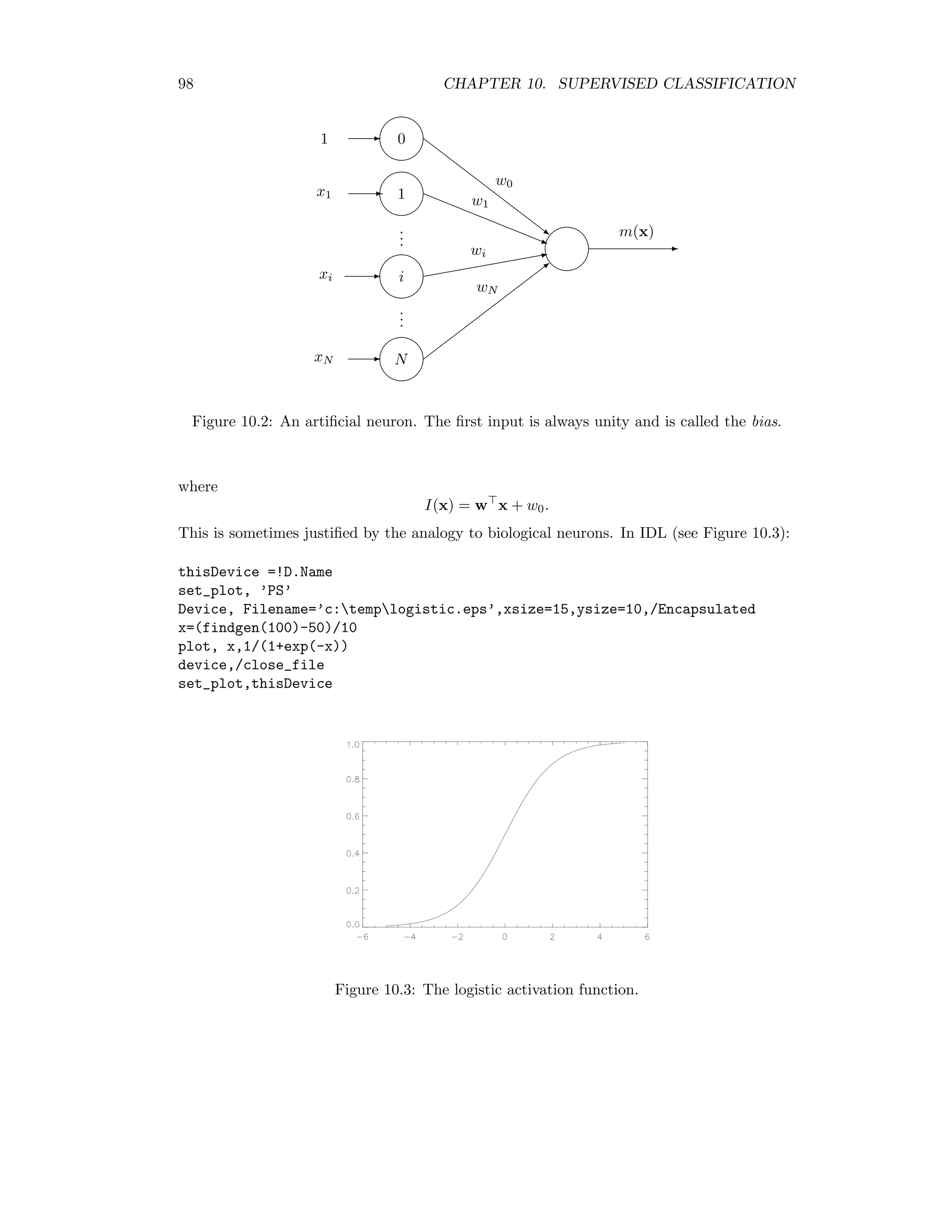 9.5. UNSUPERVISED CLASSIFICATION OF CHANGES 91 U X x wk∗ (i) x(i) b wk∗ (i + 1) Figure 9.3: Movement of synaptic weight vector in the direction of training vector. Finally, the extent of the neighborhood is allowed to shrink steadily σ(µ) = σmax σmin σmax i/p . Typically, σmax ≈ m/2 and σmin ≈ 1/2. Thus the neighborhood is initially the entire network and toward the end of training it is very localized. For visualization or clustering of multispectral satellite imagery, a cubic network geome- try is useful. After training, the image is classiﬁed by associating each pixel vector with the neuron having the closest synaptic weight vector. The pixel is then colored by mapping the position of the neuron in the cube to coordinates in RGB color space. Thus, pixels that are close together in feature space are represented by similar colors. An ENVI plug-in for the Kohonen self organizing map is given in Appendix D.6.5. 9.5 Unsupervised classiﬁcation of changes We mention ﬁnally an extension of the procedure used to determine change/no-change de- cision thresholds discussed in Section 8.4.7. Rather than clustering the MAD change com- ponents individually as was done there, we can use any of the algorithms introduced in this chapter (except the Kohonen SOM) to classify the changes. Because of its ability to accommodate correlated clusters, we prefer the EM algorithm. Clustering of the change pixels can of course be applied in the full MAD or MNF/MAD feature space, where the number of clusters chosen determines the number of change cate- gories. The approximate chi-square distribution of the sum of squares of the standardized variates allows the labelling of pixels with high no-change probability. These can be ex- cluded from the clustering process e.g. by “freezing” their a posteriori probabilities to 1 for the no-change class, thereby speeding up the calculation considerably. Routines for change classiﬁcation using the EM algorithm are included in the ENVI GUI for viewing change detection images given in Appendix D.6.6. 