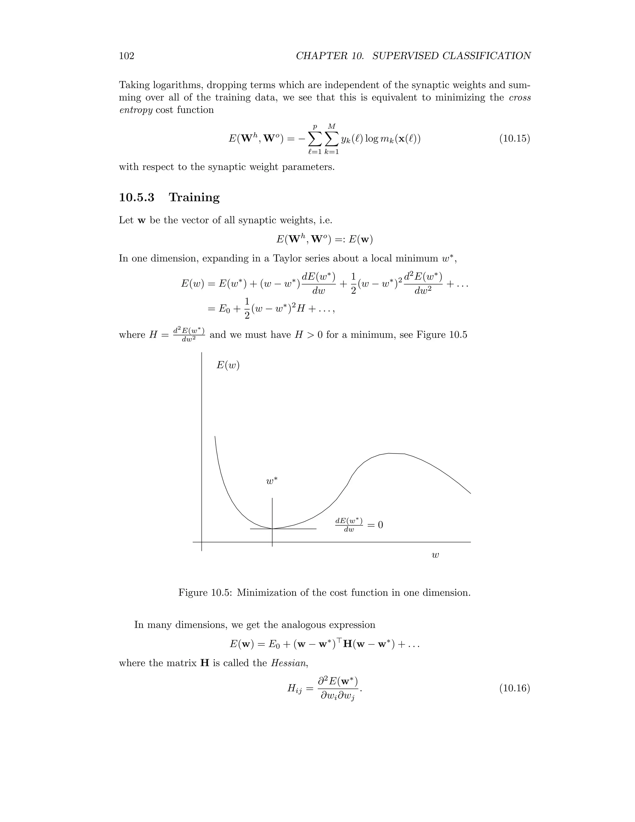 10.3. BAYES MAXIMUM LIKELIHOOD CLASSIFICATION 95 The best upper bound is then determined by minimizing u with respect to S. If we assume that P(x|C1) and P(x|C2) are normal distributions with Σ1 = Σ2, then the minimum occurs at S = 1/2. We get the Bhattacharyya bound B by using S = 1/2 also for the case where Σ1 = Σ2: B = P(C1)P(C2) P(x|C1)P(x|C2) dx. This integral can be evaluated explicitly. The result is B = P(C1)P(C2)e−B , where B is the Bhattacharyya distance given by B = 1 8 (µ2 − µ1) Σ1 + Σ2 2 −1 (µ2 − µ1) + 1 2 log Σ1 + Σ2 2 |Σ1||Σ2| . The ﬁrst term is an “average Mahalinobis distance” (see below), the second term depends on the diﬀerence between the covariance matrices of the two classes. It vanishes when Σ1 = Σ2. Thus the ﬁrst term gives the class separability due due the “distance” between the class means, while the second term gives the separability due to the diﬀerence in the covariance matrices. Finally, the Jeﬀries-Matusita distance measures separability of two classes on a scale [0 − 2] in terms of B: J = 2(1 − e−B ). (10.7) The ENVI menu command Basic Tools/Region of Interest/Compute ROI Separability calculates Jeﬀries-Matusita distances between all pairs of classes deﬁned by a given set of ROIs. 10.3 Bayes Maximum likelihood classiﬁcation Consider again Bayes’ rule: P(Ci|x) = P(x|Ci)P(Ci) P(x) where P(Ci), i = 1 . . . M, are a priori probabilities and where P(x) is given by P(x) = M j=1 P(x|Cj)P(Cj). Since P(x) is independent of i, we can write the decision rule (10.6) as x ∈ Ci if P(x|Ci)P(Ci) P(x|Cj)P(Cj) for all j = 1 . . . M, j = i. Now we make two simplifying assumptions: ﬁrst, that all the a priori probabilities are equal, second, that the measured feature vectors from class Ci have been sampled from a multivariate normal distribution, that is, that they satisfy P(x|Ci) = 1 (2π)N/2|Σi|1/2 exp − 1 2 (x − µi) Σ−1 i (x − µi) . (10.8) 