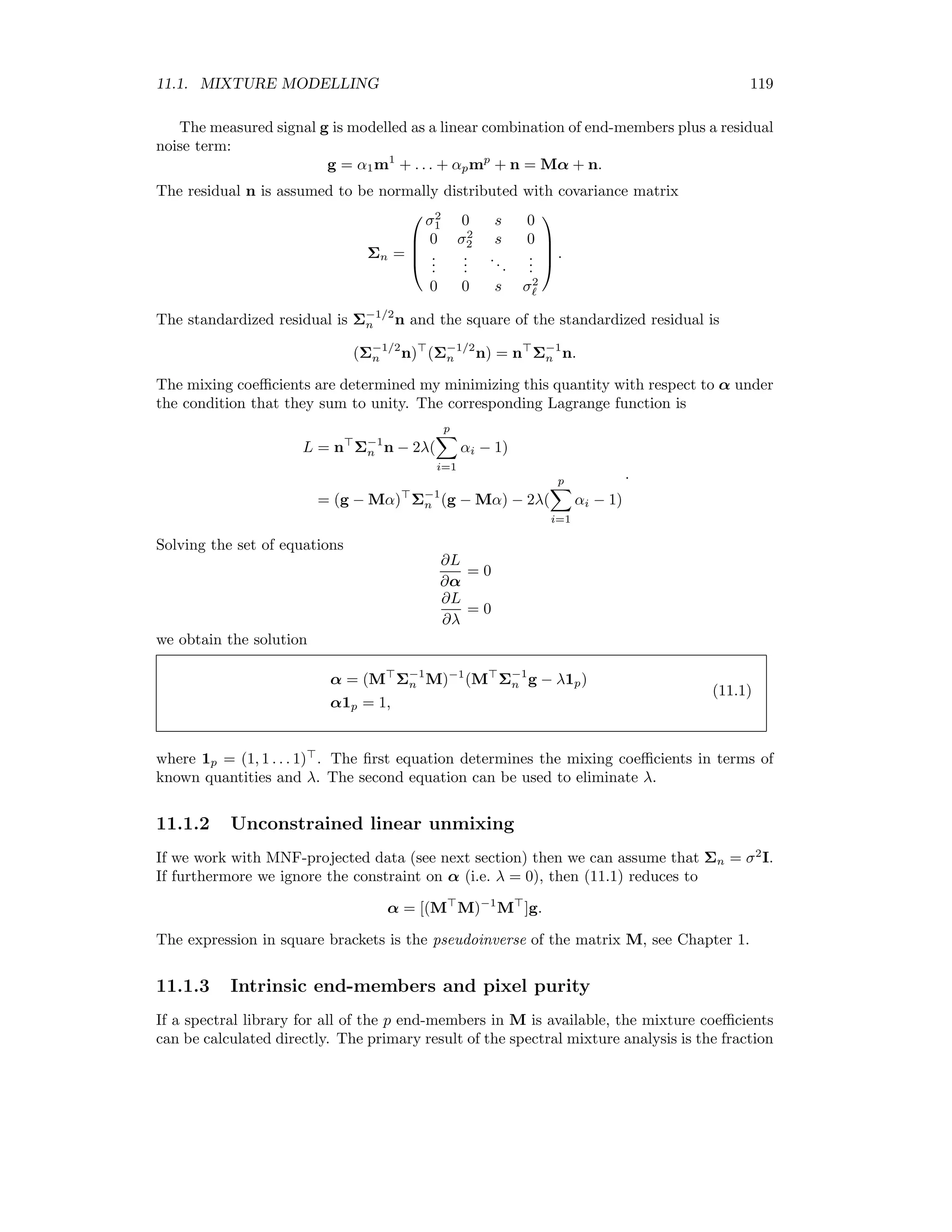 112 CHAPTER 10. SUPERVISED CLASSIFICATION and the estimated standard deviation by ˆσ = y(n − y) n3 . (10.33) The random variable Y is binomially distributed. However for a suﬃciently large number n of test data, the binomial distribution is well-approximated by the normal distribution. Mean and standard deviation are then suﬃcient to characterize the distribution function completely. 10.6.2 Model comparison A typical value for a misclassiﬁcation rate is around θ ≈ 0.5. In order to claim that two values diﬀer from one another signiﬁcantly, they should lie at least about two standard deviations apart. If we wish to discriminate values separated by say 0.01, then ˆσ should be no greater than 0.005. From (10.32) this means 0.0052 ≈ 0.05(1 − 0.05) n , or n ≈ 2000. That’s quite a few. However since we are dealing with pixel data, such a number of test pixels – assuming suﬃcient training areas are available – is quite realistic. If training and test data are in fact at a premium, there exist eﬃcient alternatives1 to the simple train-and-test philosophy presented here. However, since they are generally quite computer-intensive, we won’t consider them further. In order to express the claim that classiﬁer A is better than classiﬁer B more precisely, we can formulate an hypothesis test. The individual misclassiﬁcation rates are approximately normally distributed. If they are also independent we can construct a test statistic S given by S = YA/n − YB/n + θA − θB var(YA/n − YB/n) = YA/n − YB/n + θA − θB var(YA/n) + var(YB/n) . We can then use S to decide between the null hypothesis H0 : θA = θB, i.e., the two classiﬁers are equivalent, and the alternative hypothesis H1 : θA θB or θA θB, i.e. one of the two methods is better. Thus under H0 we have S ∼ N(0, 1). We choose a decision threshold ±Zα/2 which cor- responds to a probability α of an error of the ﬁrst kind. With this probability the null hypothesis will be rejected although it is in fact true, see Figure 10.6. In fact the strict independence of the misclassiﬁcation rates θA and θB is not given, since they are determined with the same set of test data. The above hypothesis test with the statistic S is therefore too conservative. For dependence we have namely var(YA/n − YB/n) = var(YA/n) + var(YB/n) − 2cov(YA/n, YB/n), 1The buzz-words here are Cross-Validation and Bootstrapping, see [WK91], Chapter 2, for an excellent introduction. 