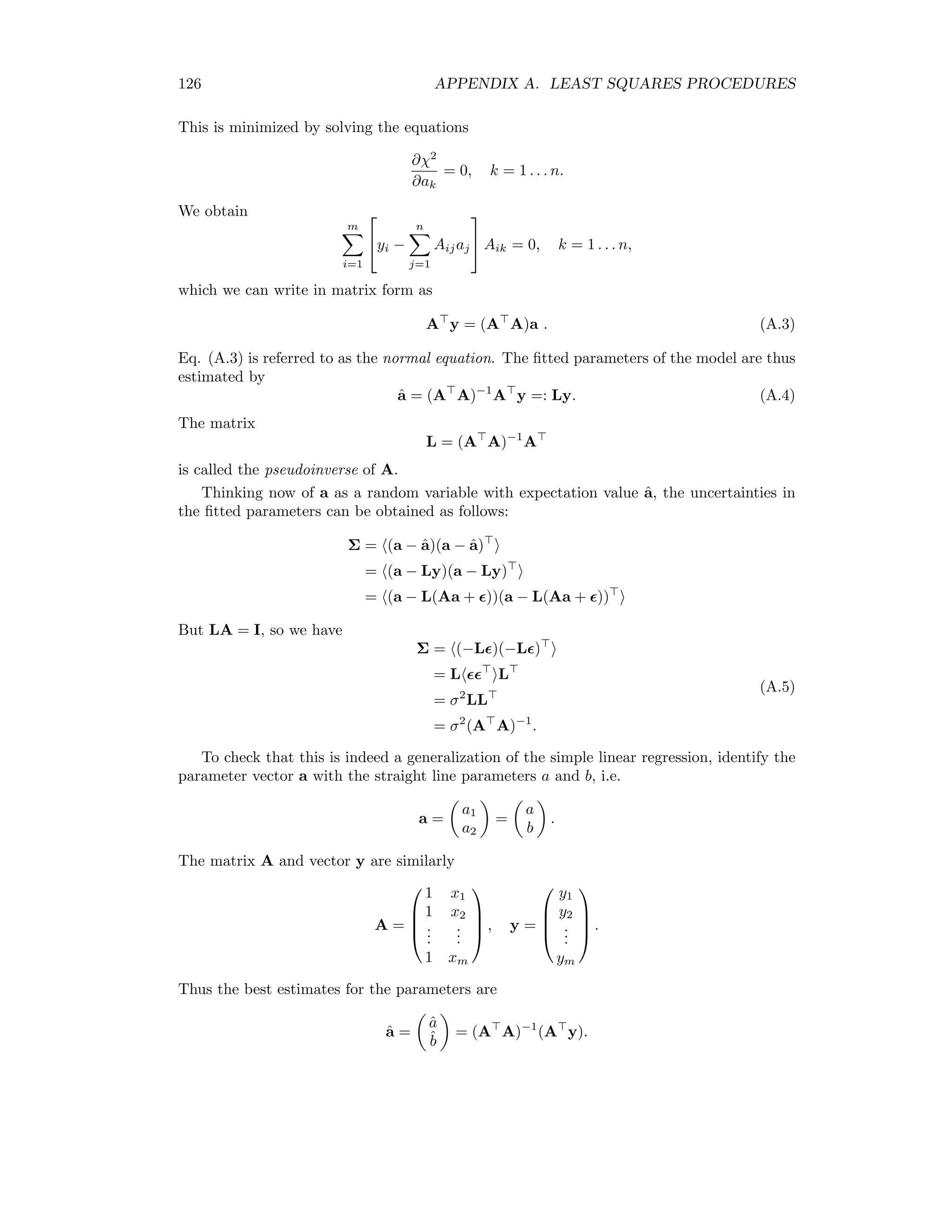 11.1. MIXTURE MODELLING 119 The measured signal g is modelled as a linear combination of end-members plus a residual noise term: g = α1m1 + . . . + αpmp + n = Mα + n. The residual n is assumed to be normally distributed with covariance matrix Σn =     σ2 1 0 s 0 0 σ2 2 s 0 ... ... ... ... 0 0 s σ2     . The standardized residual is Σ−1/2 n n and the square of the standardized residual is (Σ−1/2 n n) (Σ−1/2 n n) = n Σ−1 n n. The mixing coeﬃcients are determined my minimizing this quantity with respect to α under the condition that they sum to unity. The corresponding Lagrange function is L = n Σ−1 n n − 2λ( p i=1 αi − 1) = (g − Mα) Σ−1 n (g − Mα) − 2λ( p i=1 αi − 1) . Solving the set of equations ∂L ∂α = 0 ∂L ∂λ = 0 we obtain the solution α = (M Σ−1 n M)−1 (M Σ−1 n g − λ1p) α1p = 1, (11.1) where 1p = (1, 1 . . . 1) . The ﬁrst equation determines the mixing coeﬃcients in terms of known quantities and λ. The second equation can be used to eliminate λ. 11.1.2 Unconstrained linear unmixing If we work with MNF-projected data (see next section) then we can assume that Σn = σ2 I. If furthermore we ignore the constraint on α (i.e. λ = 0), then (11.1) reduces to α = [(M M)−1 M ]g. The expression in square brackets is the pseudoinverse of the matrix M, see Chapter 1. 11.1.3 Intrinsic end-members and pixel purity If a spectral library for all of the p end-members in M is available, the mixture coeﬃcients can be calculated directly. The primary result of the spectral mixture analysis is the fraction 