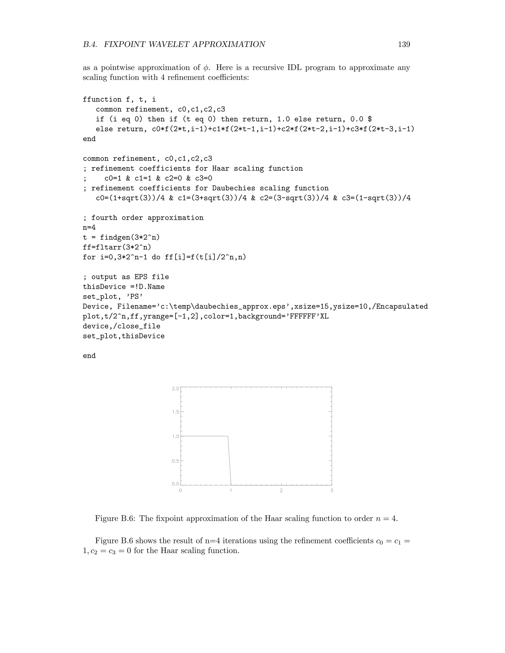 132 APPENDIX B. THE DISCRETE WAVELET TRANSFORMATION 1 1 t Figure B.1: The Haar scaling function. It is shown in Figure B.1. Any function in Vn in [0, 1] can be expressed as a linear combination of the standard Haar basis functions of the form Cn = {φn,k(t) = φ(2n t − k) | k = 0, 1 . . . 2n − 1}. These basis functions have compact support and are orthogonal in the following sense: φn,k, φn,k = 1 2n · δk,k . Note that φ0,0(t) = φ(t). Consider the function spaces V0 and V1 with orthogonal bases {φ0,0} and {φ1,0, φ1,1}, respectively. According to the orthogonal decomposition theorem [?], any function in V1 can be projected onto basis functions φ0,0(t) for V0 plus a residual in the space V ⊥ 0 which is orthogonal to V0. Formally, V1 = V0 ⊕ V ⊥ 0 . For example φ1,0(t) = φ1,0, φ0,0 φ0,0, φ0,0 φ0,0(t) + r(t). The residual function r(t) is in the residual space V ⊥ 0 . We see that r(t) = φ1,0(t) − 1 2 φ0,0(t) = φ(2t) − 1 2 φ(t) = φ(2t) − 1 2 [φ(2t) + φ(2t − 1)] = 1 2 ψ(t) where ψ(t) is the Haar wavelet derived from the scaling function φ according to ψ(t) = φ(2t) − φ(2t − 1). (B.2) 1Such functions are said to have compact support. 