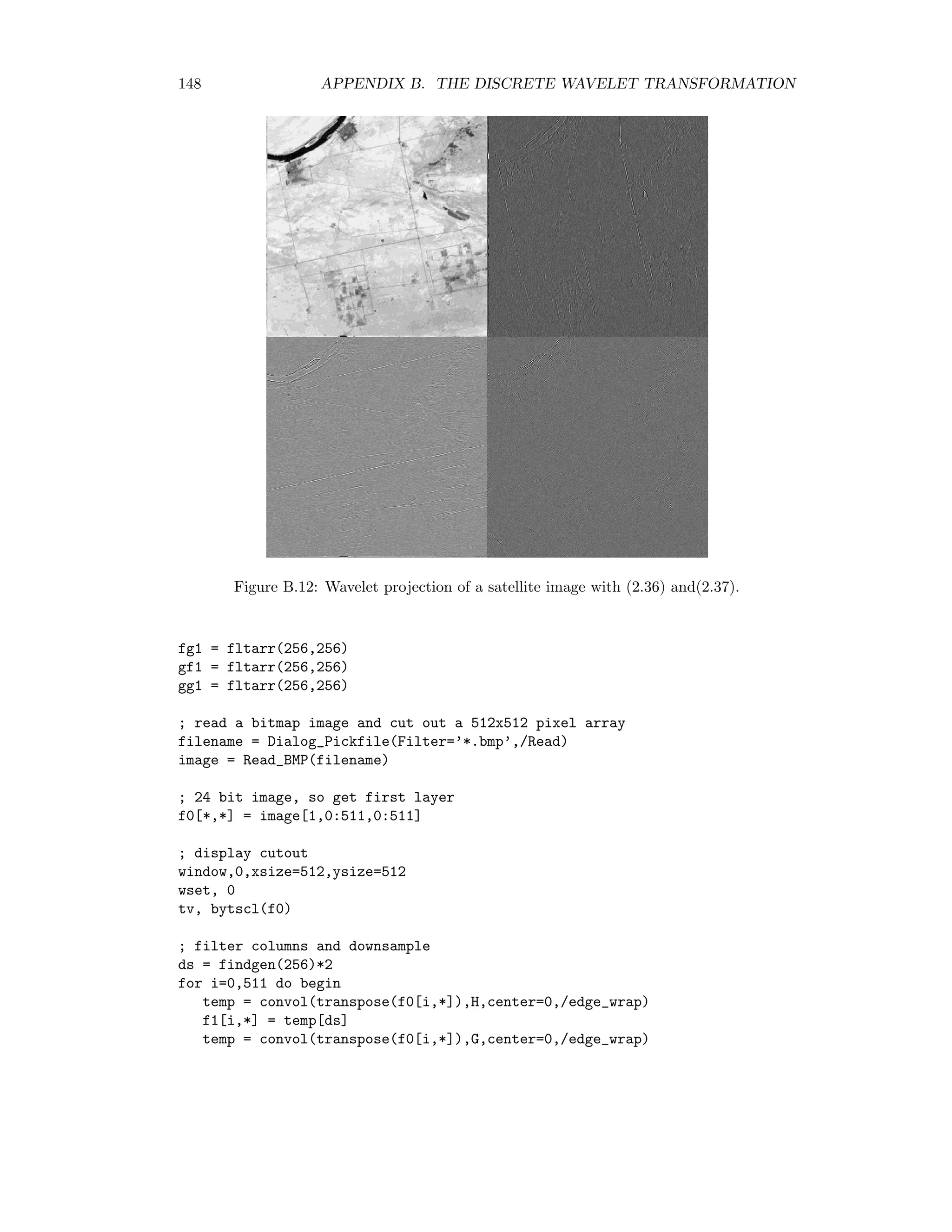 B.6. THE DAUBECHIES WAVELET 141 B.6 The Daubechies wavelet The Daubechies scaling function is derived according to the following two requirements on an MRA: 1. Compact support: The scaling function φ(t) is required to be zero outside the interval 0 t 3. This means that the reﬁnement coeﬃcients ck vanish for k 0, k 3. To see this, note that c−3 = 2 φ(t), φ(2t + 3) = 3 0 φ(t)φ(2t + 3)dt = 0 and similarly for k = −4, −5 . . . and for k = 6, 7 . . .. Therefore, from the dilation equation, φ(−1/2) = 0 = c−2φ(−1 + 2) + c−1φ(−1 + 1) + . . . ⇒ c−2 = 0 and similarly for k = −1, 4, 5. Thus from (B.5), we can conclude that c2 0 + c2 1 + c2 2 + c2 3 = 2 (B.14) and from (B.6), with j = 1, that c0c2 + c1c3 = 0. (B.15) In addition, again from the dilation equation, we can write ∞ −∞ φ(t)dt = 3 k=0 ck ∞ −∞ φ(2t − k)dt = 3 k=0 ck 2 ∞ −∞ φ(u)du. But one can show that an MRA implies ∞ −∞ φ(t)dt = 0 so we have c0 + c1 + c2 + c3 = 2. (B.16) 2. Regularity: All constant and linear polynomials can be written as a linear combination of the basis {φ(t − k) | k ∈ Z} for V0. This implies that there is no residual in the orthogonal decomposition of f(t) = 1 and f(t) = t onto the basis, that is, ∞ −∞ ψ(t)dt = ∞ −∞ tψ(t)dt = 0. (B.17) With (B.13) the mother wavelet is ψ(t) = −c0φ(2t − 1) + c1φ(2t) − c2φ(2t + 1) + c3φ(2t + 2). (B.18) The ﬁrst requirement in (B.17) gives immediately −c0 + c1 − c2 + c3 = 0. (B.19) From the second requirement we have ∞ −∞ tψ(t)dt = 0 = 3 k=0 (−1)k+1 ck ∞ −∞ tφ(2t − 1 + k)dt = 3 k=0 (−1)k+1 ck ∞ −∞ u + 1 − k 4 φ(u)du = 0 4 · ∞ −∞ uφ(u)du + −c0 + c2 − 2c3 4 ∞ −∞ φ(u)du, 