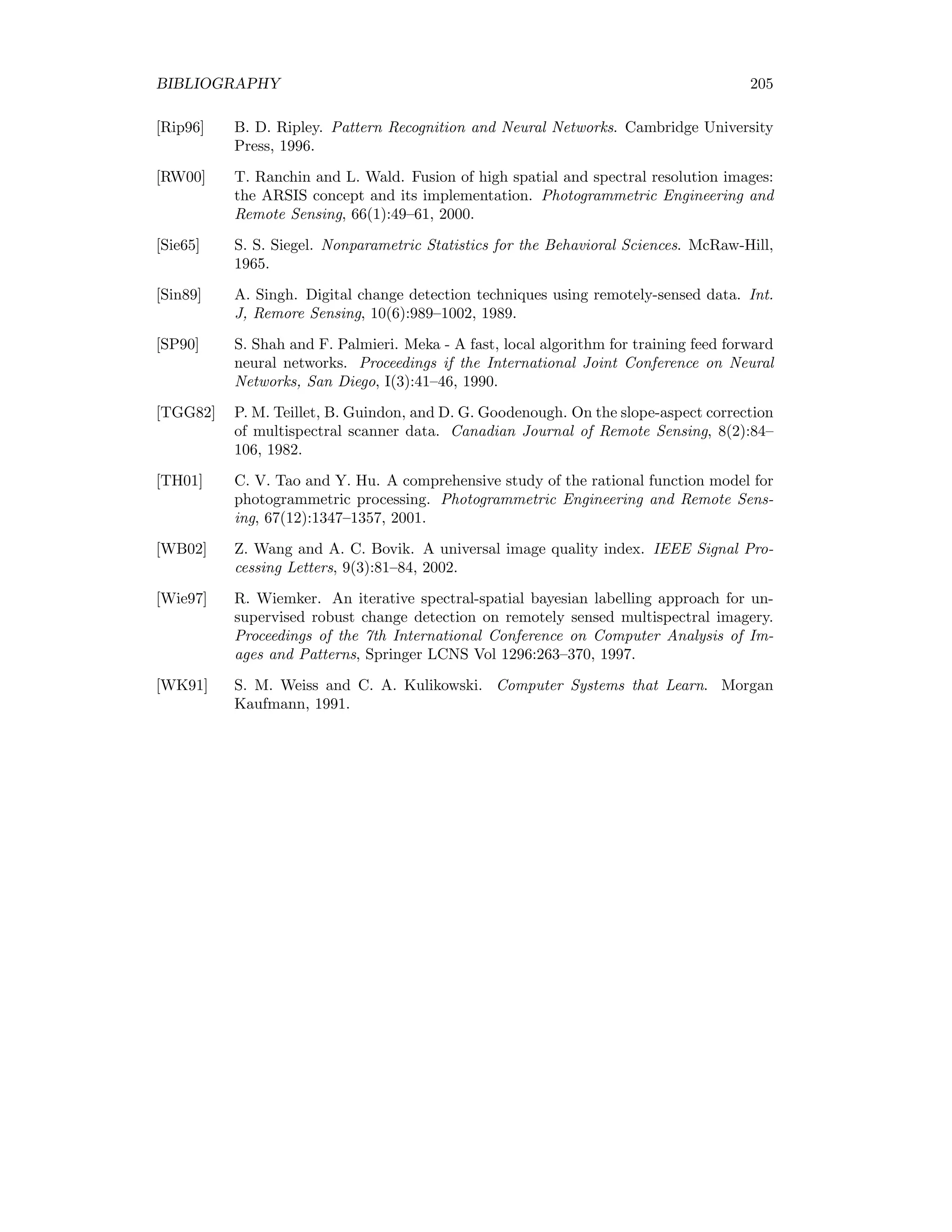 198 APPENDIX D. ENVI EXTENSIONS D.7 Neural network: Scaled conjugate gradient FFNCG RUN is an ENVI extension for supervised classiﬁcation with a two-layer feed forward neural network. It uses the scaled conjugate gradient training algorithm and can be used as a replacement for the much slower backpropagation neural network implemented in ENVI. It is invoked from the ENVI main menu as Classification/Supervised/Neural Net/Conjugate Gradient Usage In the Enter file for classification window select the (spatial/spectral subset of the) desired image. This must be in BIP format. In the ROI selection box choose the training regions desired. In the Output FFN classification to file box select the output ﬁle name. In the Output FFN probabilities to file box select the output ﬁle name for the probabilities (rule) image, or Cancel if this is not desired. The rule image will be byte coded (0 = probability 0, 255 = probability 1). In the Number of hidden units box select the number of neurons in the ﬁrst layer (default 4). As the calculation proceeds, the cost function is displayed in a plot window. The calculation can be interrupted with Cancel. Source headers ;+ ; NAME: ; FFNCG_RUN ; PURPOSE: ; ENVI extension for classification of a multispectral image ; with a feed forward neural network using scaled conjugate gradient training ; AUTHOR; ; Mort Canty (2004) ; Juelich Research Center ; m.canty@fz-juelich.de ; CALLING SEQUENCE: ; FfnCG_Run ; ARGUMENTS ; Event (if used as a plug-in menu item) ; KEYWORDS: ; None ; DEPENDENCIES: ; ENVI ; PROGRESSBAR_DEFINE (FSC_COLOR) ; FFNCG__DEFINE (FFN__DEFINE) ;---------------------------------------------------------------------- ;+ ; NAME: ; FFNCG__DEFINE ; PURPOSE: ; Object class for implementation of a two-layer, feed-forward ; neural network for classification of multi-spectral images. 