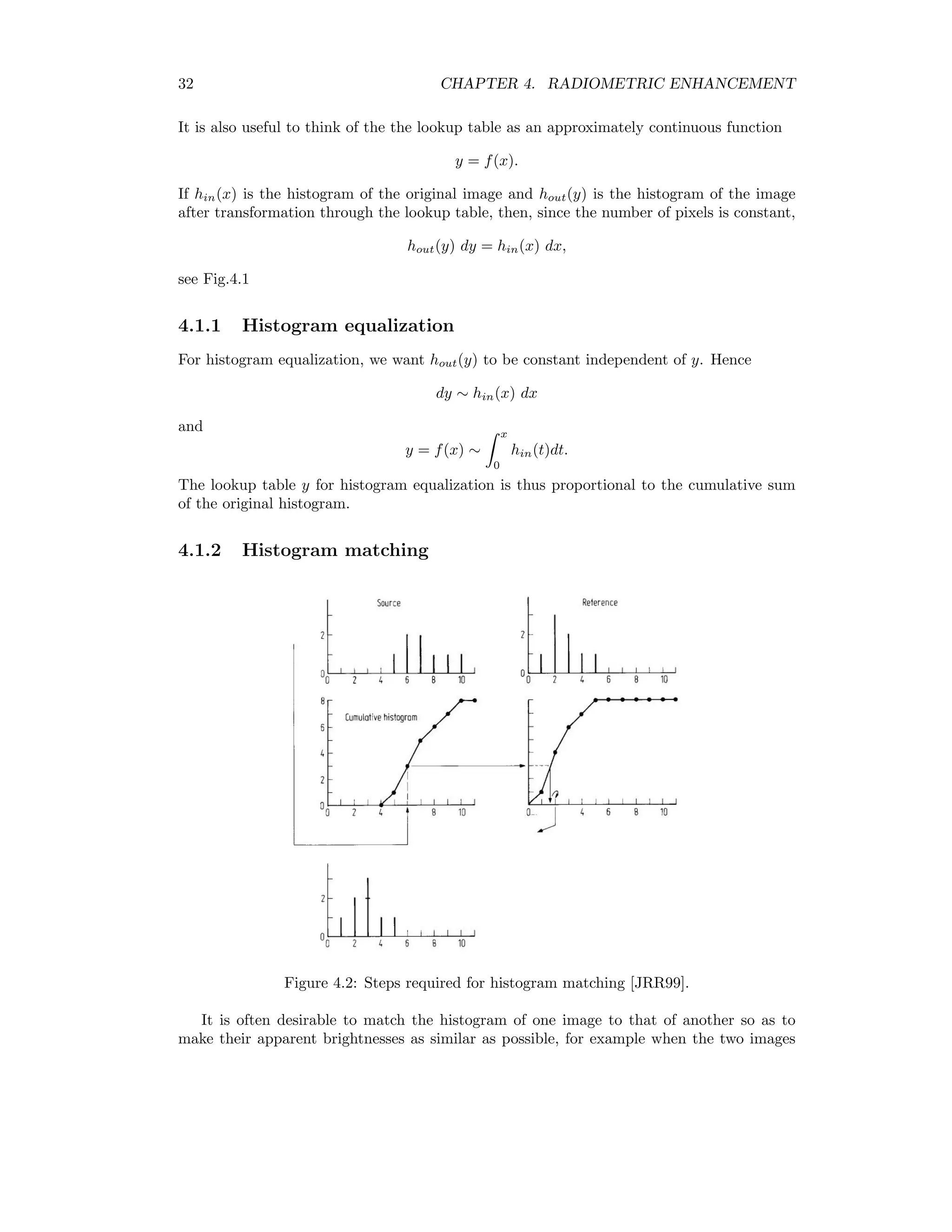 32 CHAPTER 4. RADIOMETRIC ENHANCEMENT It is also useful to think of the the lookup table as an approximately continuous function y = f(x). If hin(x) is the histogram of the original image and hout(y) is the histogram of the image after transformation through the lookup table, then, since the number of pixels is constant, hout(y) dy = hin(x) dx, see Fig.4.1 4.1.1 Histogram equalization For histogram equalization, we want hout(y) to be constant independent of y. Hence dy ∼ hin(x) dx and y = f(x) ∼ x 0 hin(t)dt. The lookup table y for histogram equalization is thus proportional to the cumulative sum of the original histogram. 4.1.2 Histogram matching Figure 4.2: Steps required for histogram matching [JRR99]. It is often desirable to match the histogram of one image to that of another so as to make their apparent brightnesses as similar as possible, for example when the two images 